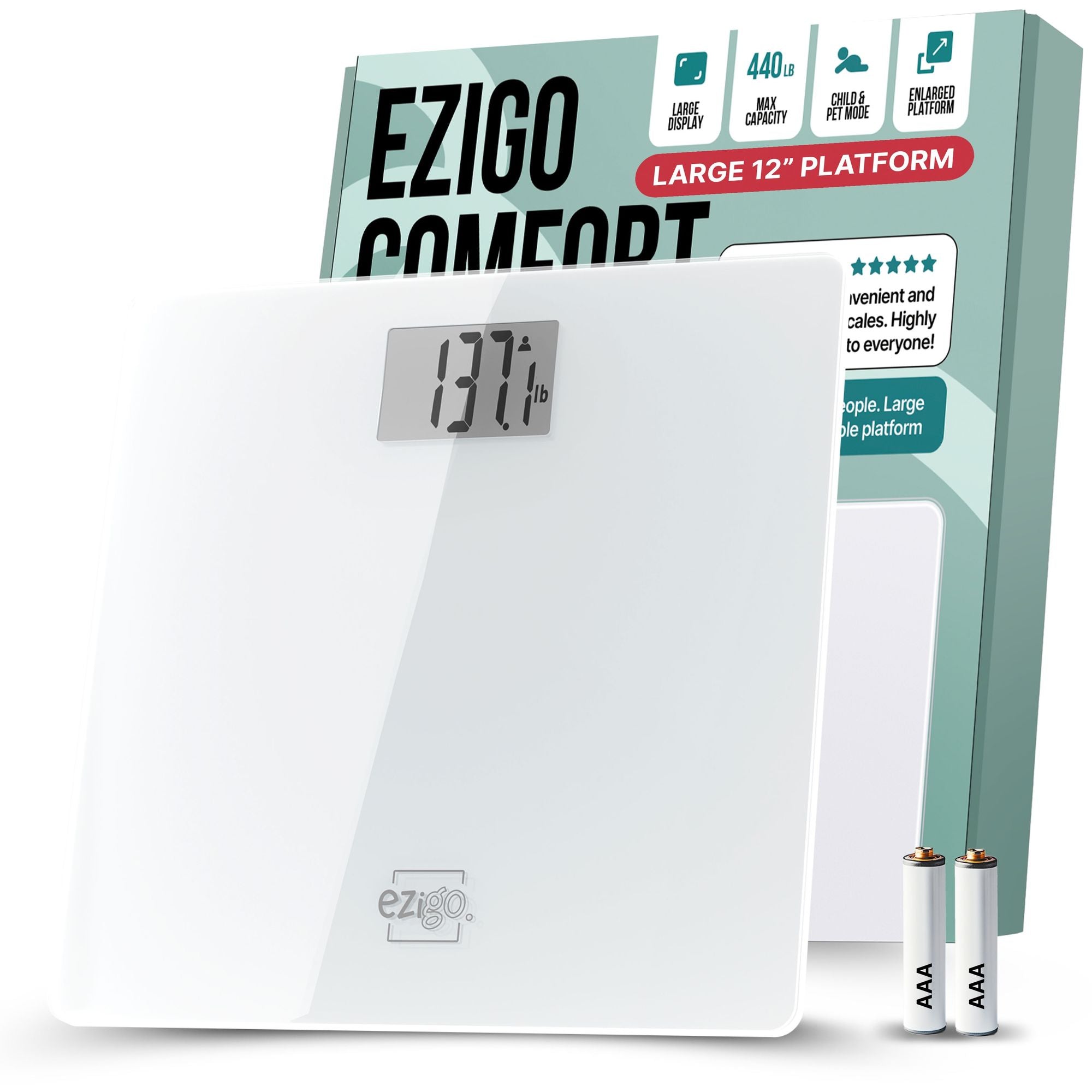 Digital Bathroom Scale for Body Weight EziGo Large Platform 12 inch 30cm, High Capacity 440lb 200kg, Accurate Scale for Adults, Elderly, Seniors, Pets, and Babies - JM Variety Store